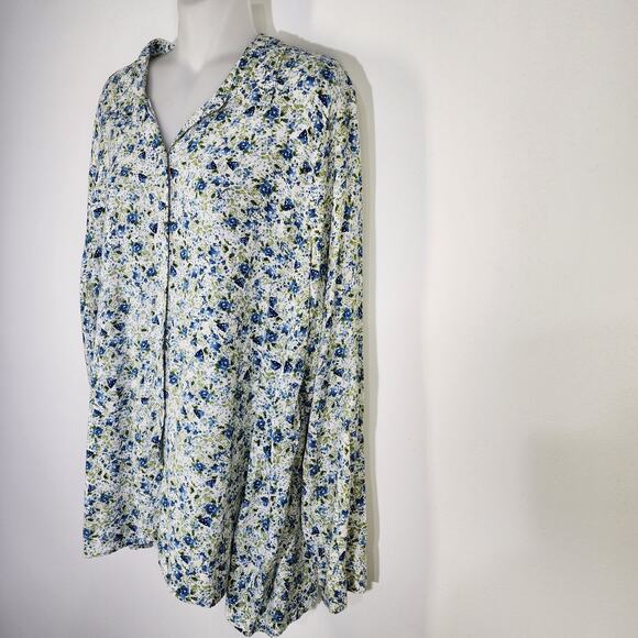 J Jill Women Blouse Rayon Button Up Collar Long Sleeve White Blue Floral Size L - Picture 5 of 10